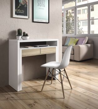 Scrivania, Consolle allungabile colore bianco artik e rovere canadian