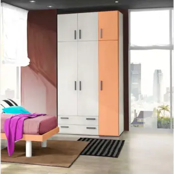 Armadio moderno L.151 a 6 ante e 2 cassetti H.257, finitura Rovere bianco e Papaya