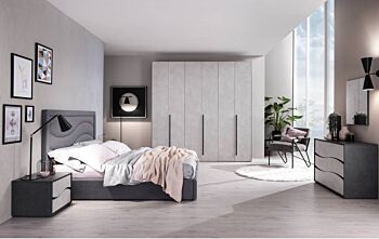 Set moderno composto da comodini e comò, finitura grigio resina chiaro e grigio resina scuro, made in Italy