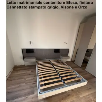 Letto matrimoniale contenitore Efeso, finitura cannettato e grigio seta