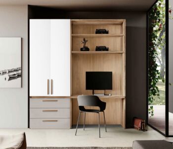 Zona studio per Smart working in Bianco Opaco, Noce Biondo e Grigio Seta